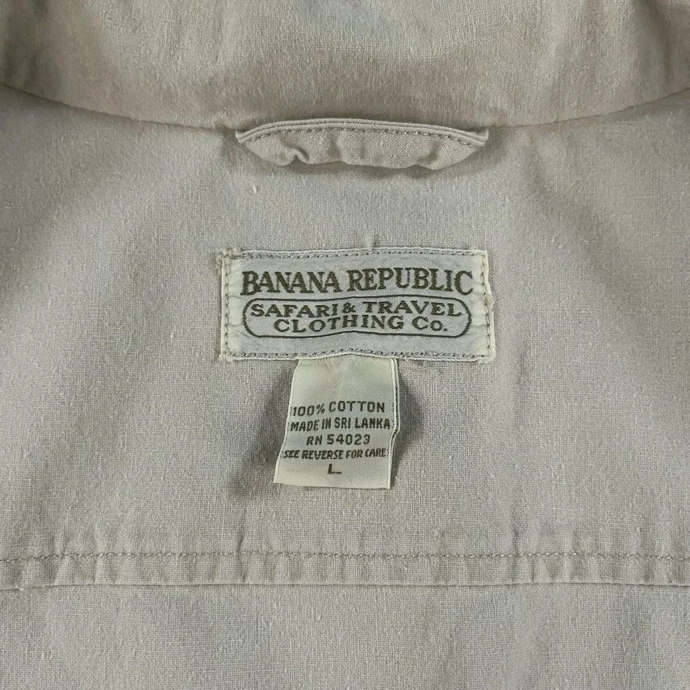 VTG Banana Republic Vest Mens Large Zip Safari Utility Cargo Pockets Stow Hood‎